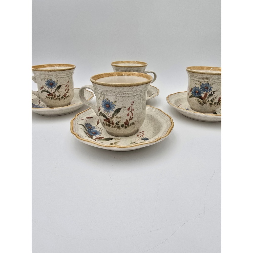 Set of 4 Mikasa Stoneware Cups & Saucers Blue Daisies Mugs #EB 804 Japan Vtg